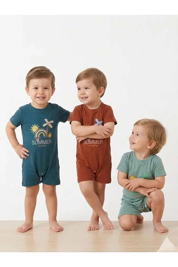 Детский комбинезон с принтом Unisex baby camisole summer printed short sleeve romper 3-pack Babykugu, Walnut-Terracotta-Naftblue — фото 2