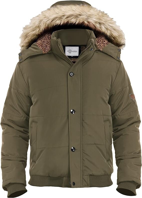 

Куртка Heihuohua Men's Winter Thicken Warm Puffer with Removable Hood, хаки