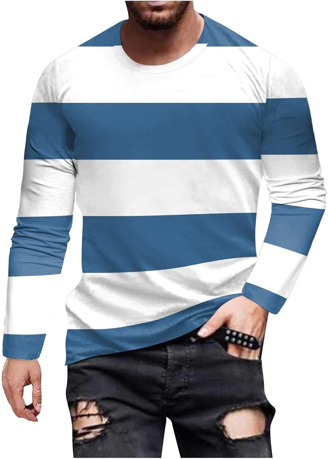 Мужская свободная футболка с длинным рукавом Orange Striped, Blue