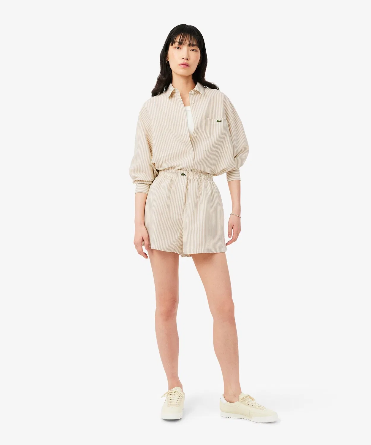 Женские шорты свободного кроя с полосатым принтом LACOSTE, Light Beige — фото 2
