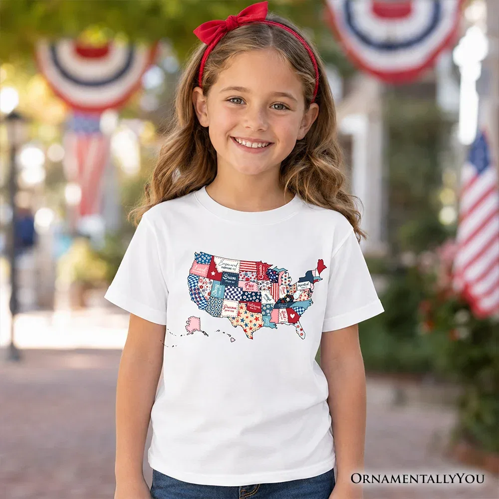 Детская футболка с принтом карты США Quilted USA Map OrnamentallyYou, Sand — фото 2