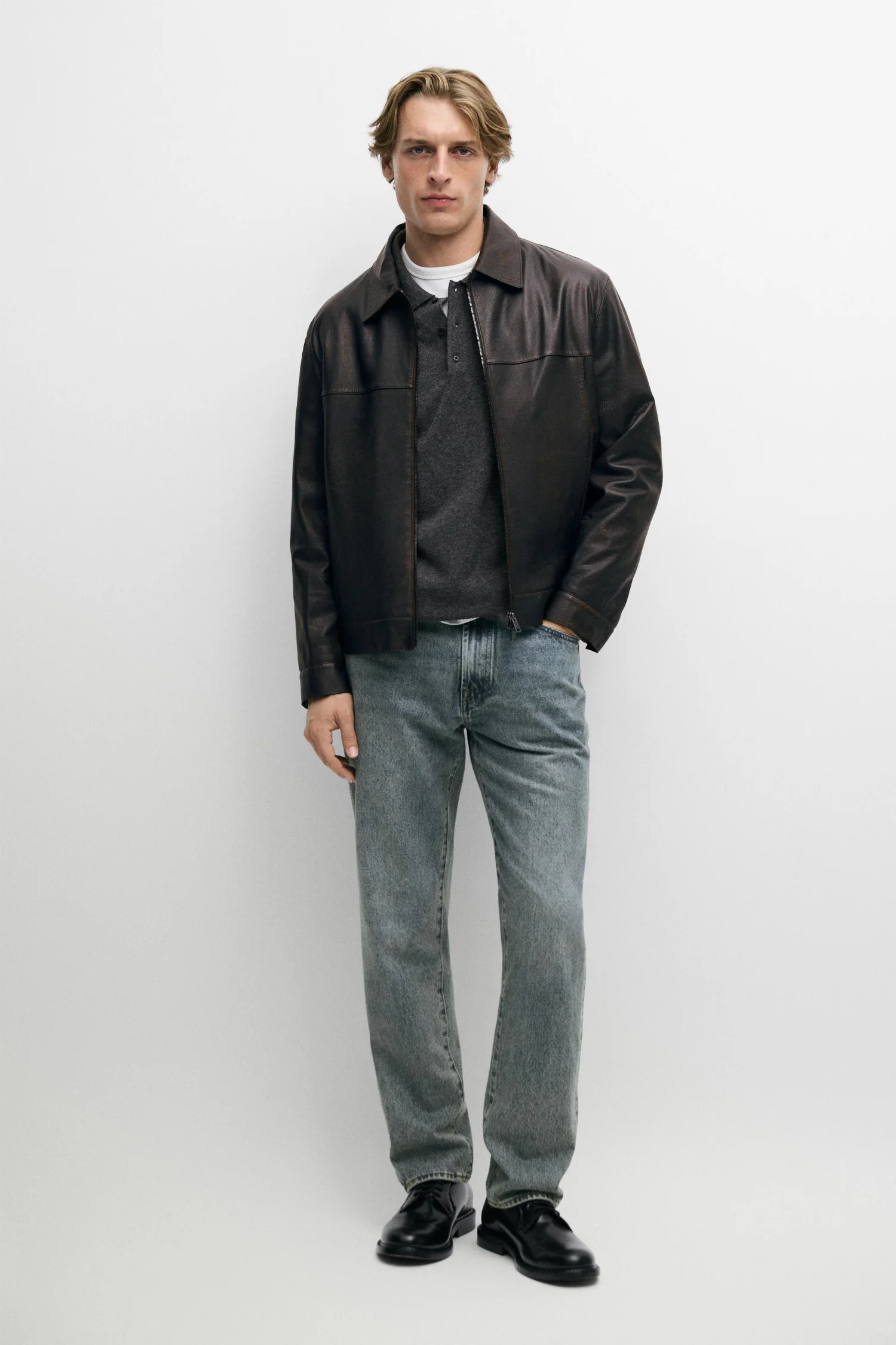 Кожаная куртка Massimo Dutti With Nappa Collar Detail, коричневый