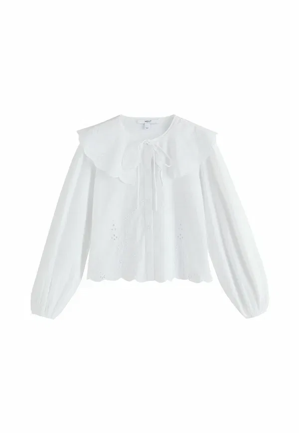 Блуза с вышивкой Petite fit - statement collar broderie long sleeve - button-down blouse Next, white, белый