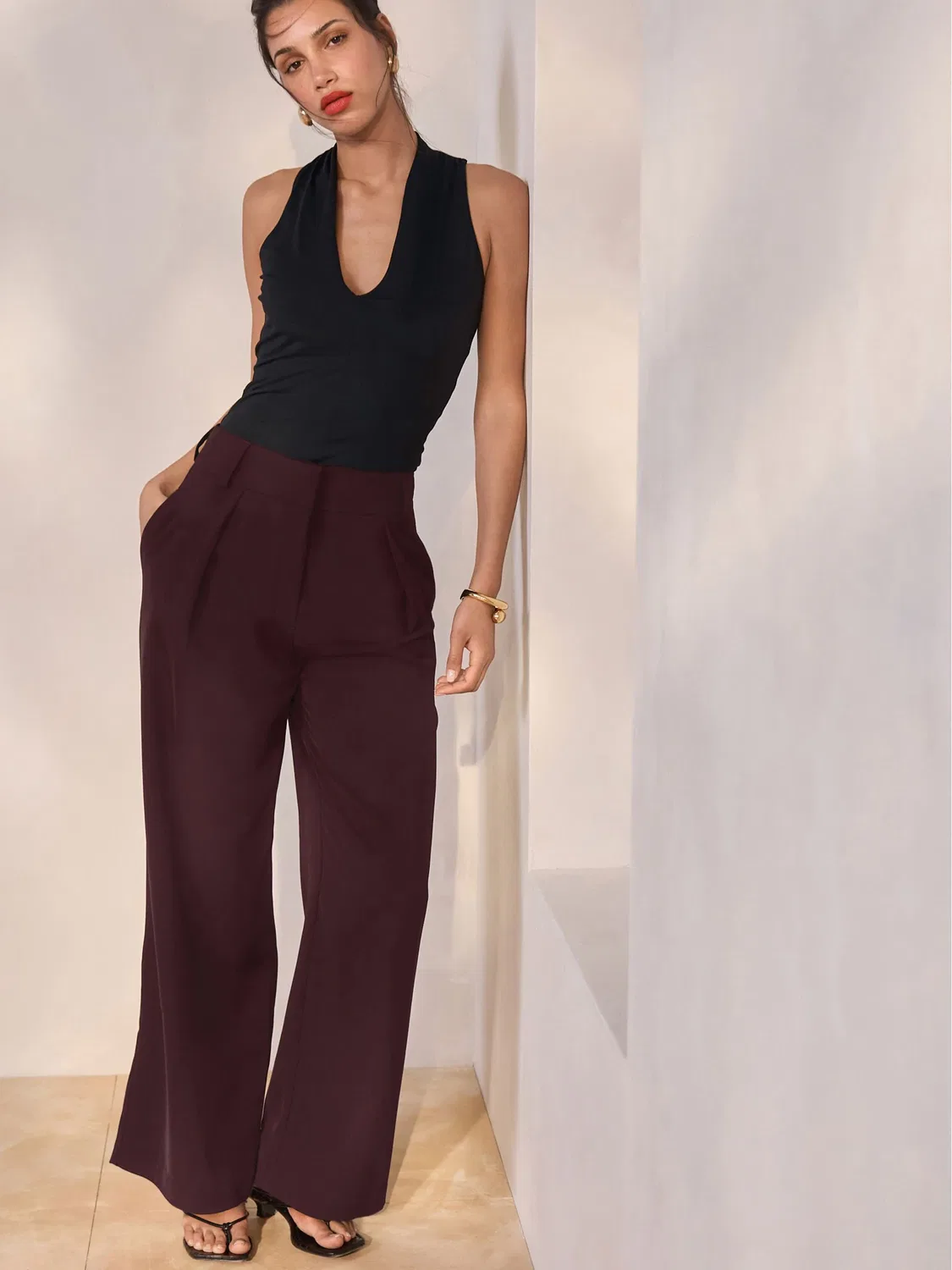 Брюки широкие, эластичный пояс, Burgundy Red Next