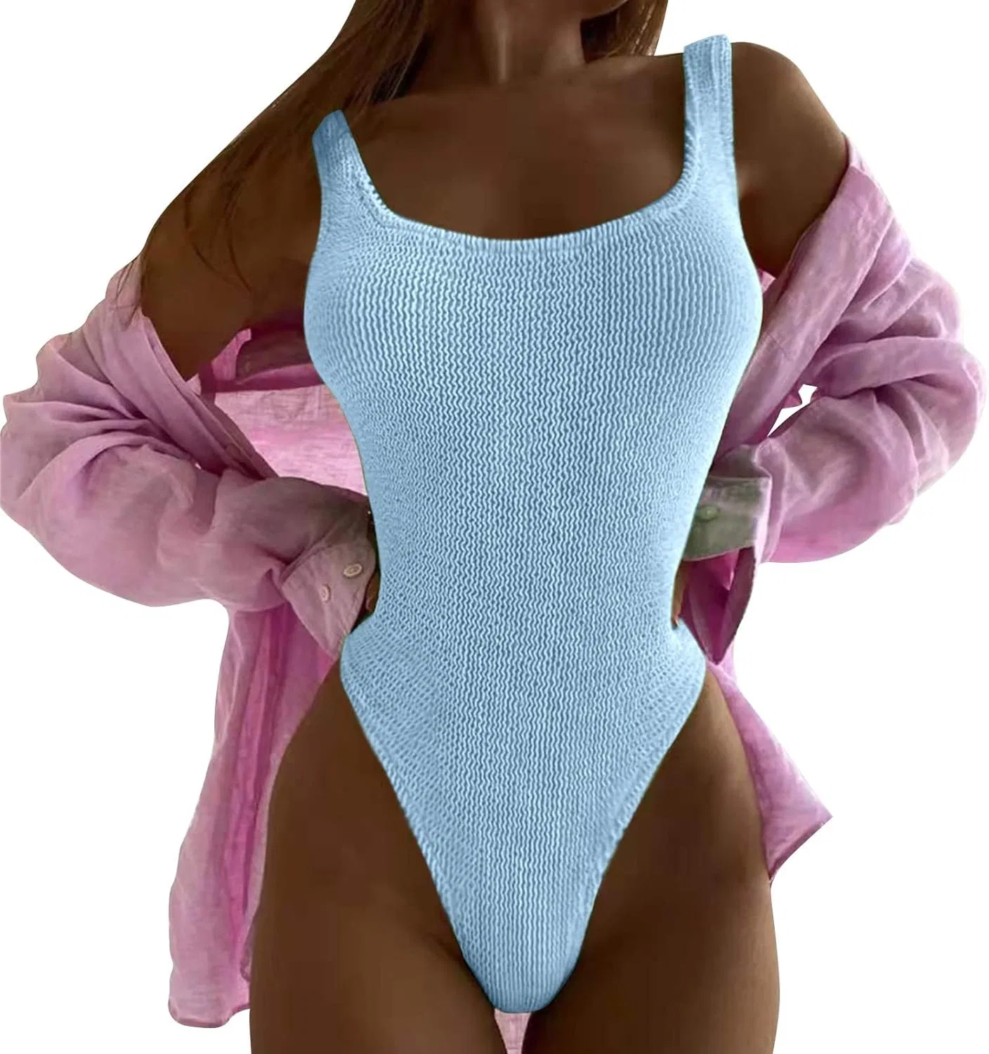 Женский слитный купальник с высокой талией и утяжкой живота, Solid, Blue