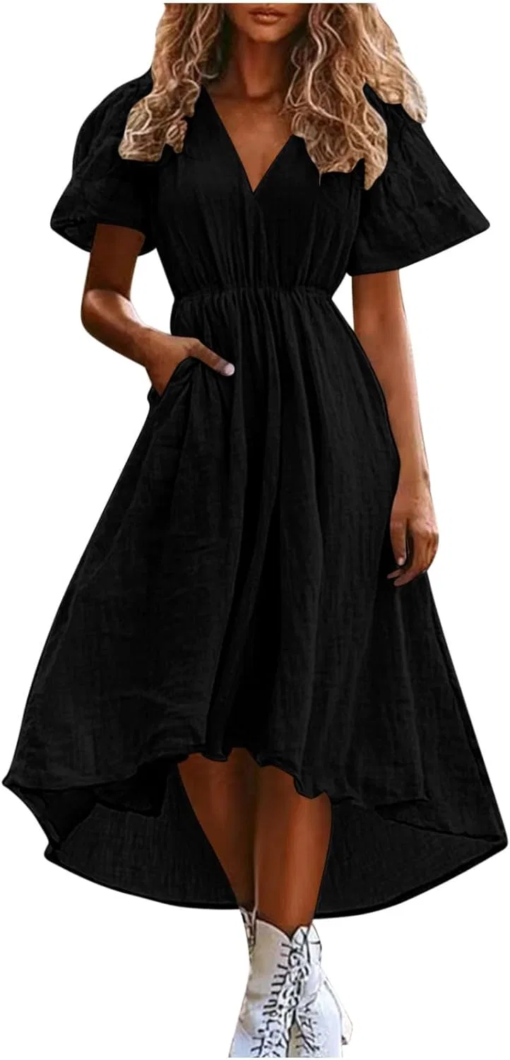 Женское плюс сайз миди платье с V-образным вырезом Cotton Linen, Black