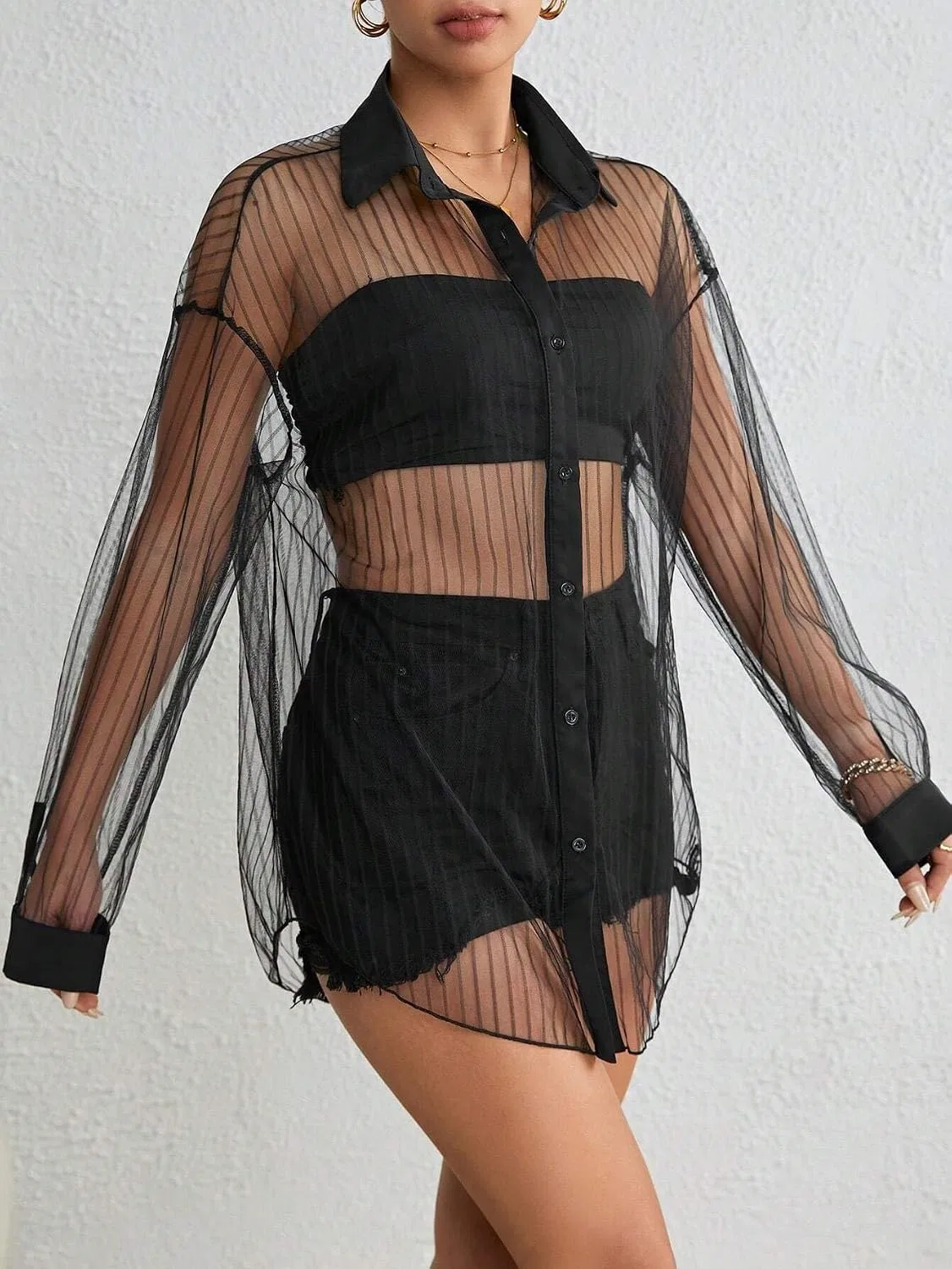 Женская блузка с принтом Drop Shoulder, Mesh, чёрный — фото 4