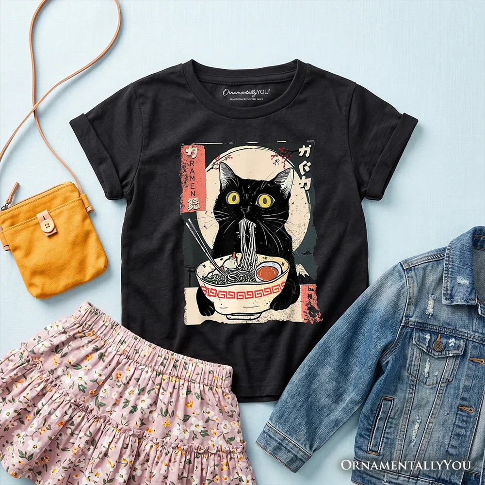 Детская футболка с принтом Anime Cat Eating Ramen OrnamentallyYou, черный