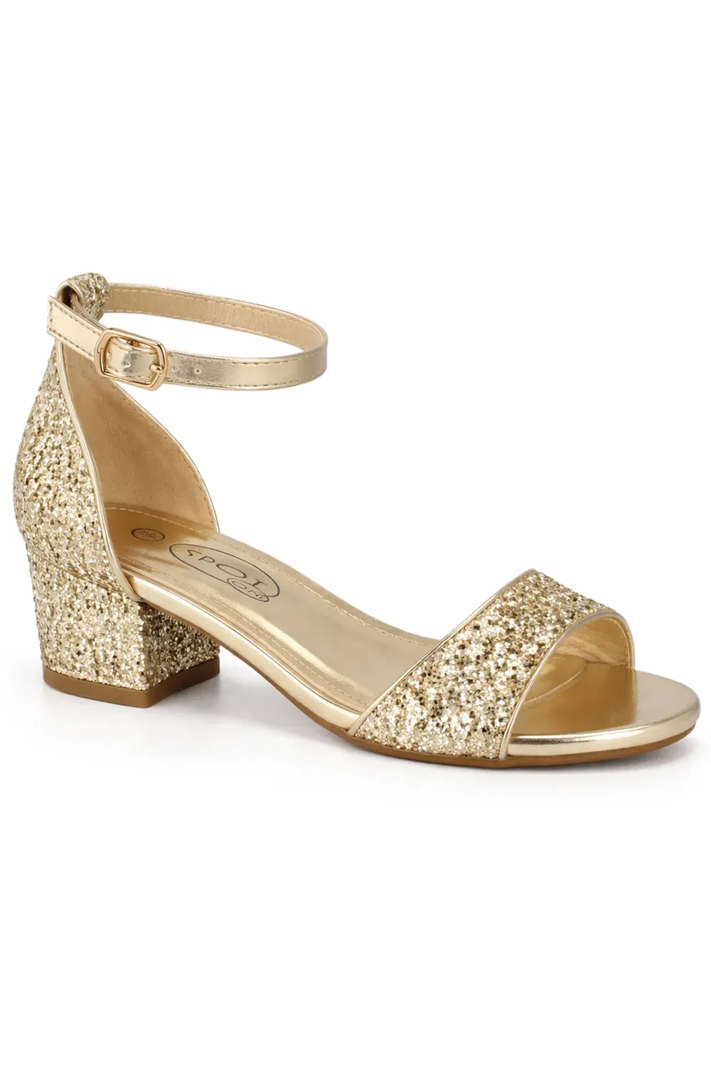 Детские сандалии на каблуке с блестками Glitter Block Heel Ankle Strap Occasion Sandal Spot On, Gold