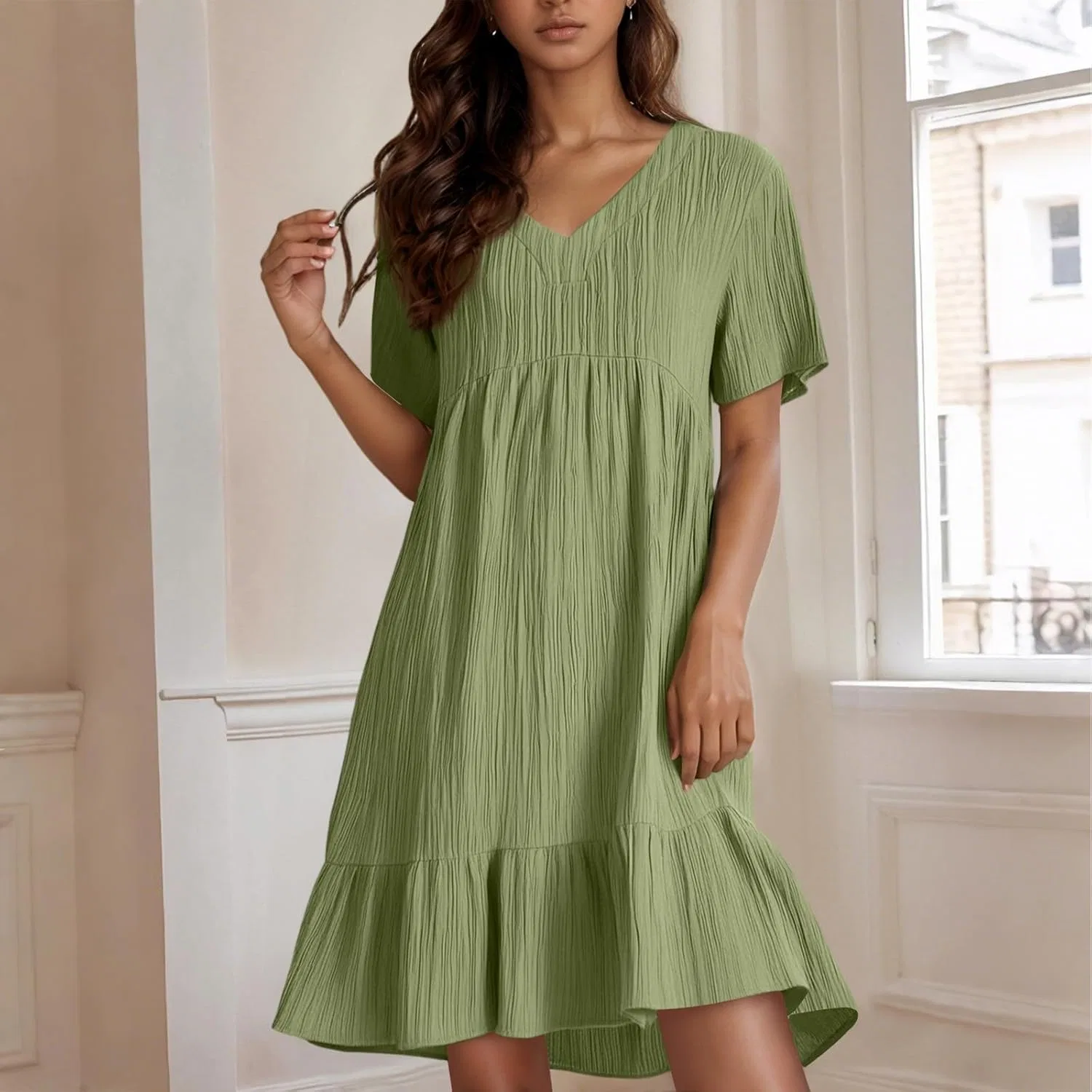 Женское летнее мини-платье свободного кроя V-образным вырезом, Army Green — фото 2