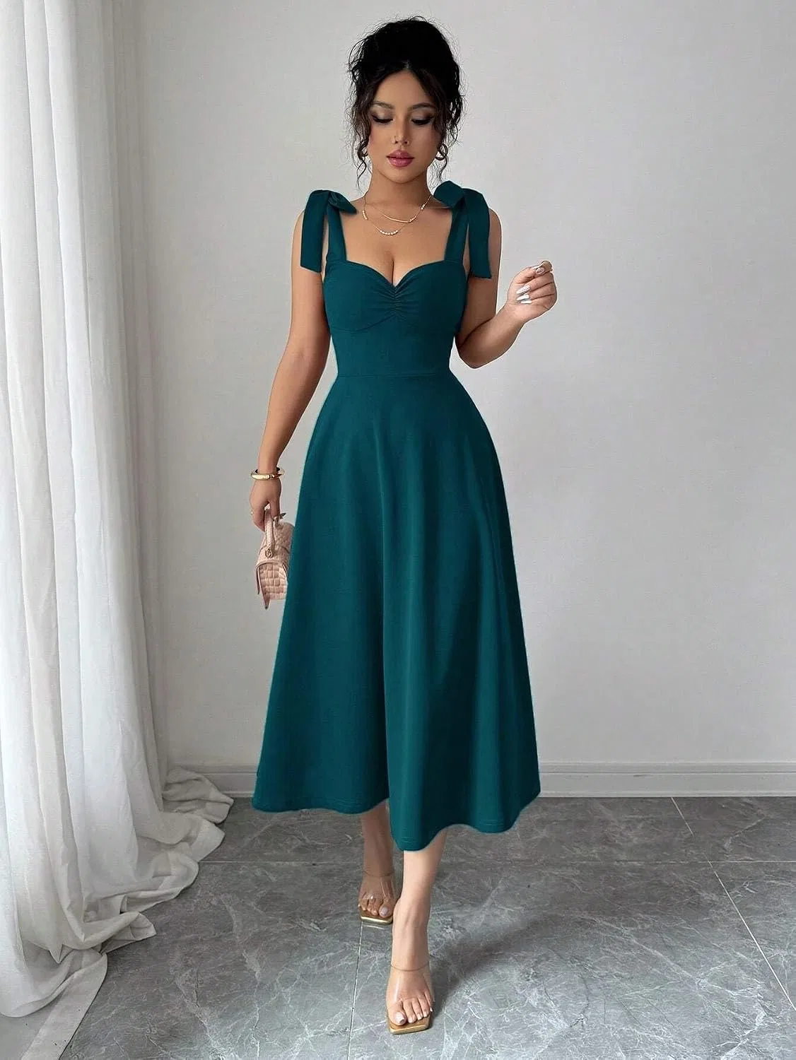 Женское элегантное cami платье с узлом на талии Knee Length A-Line, Teal Blue — фото 2
