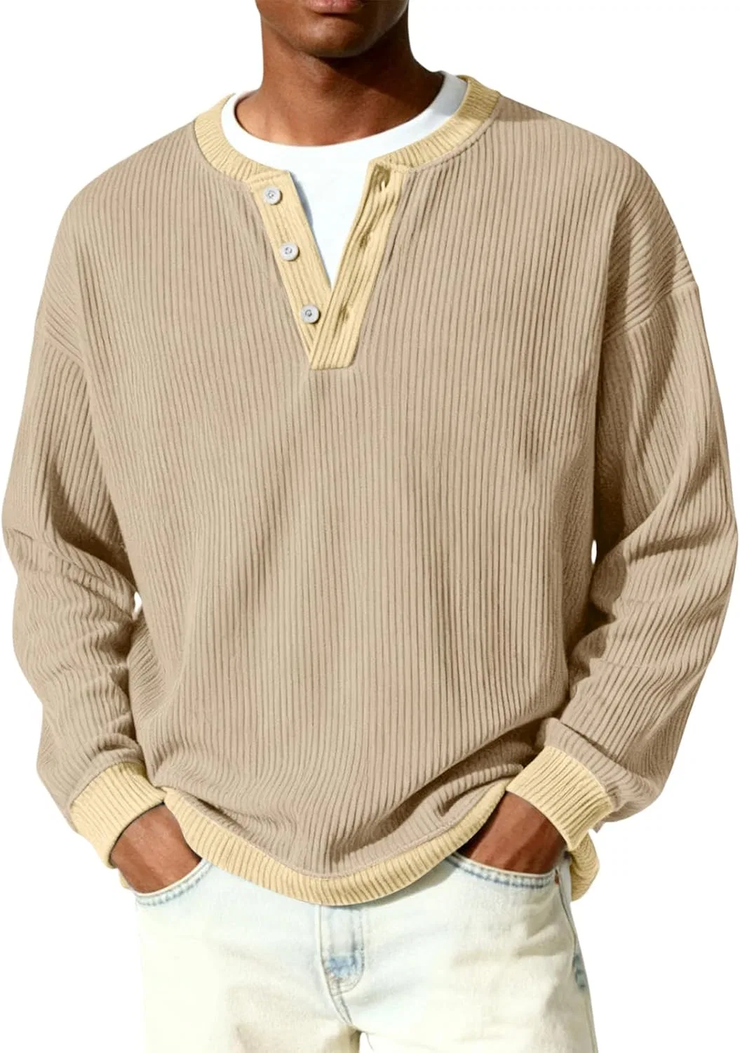 Мужская футболка с длинным рукавом, Ribbed Knit Henley, хаки