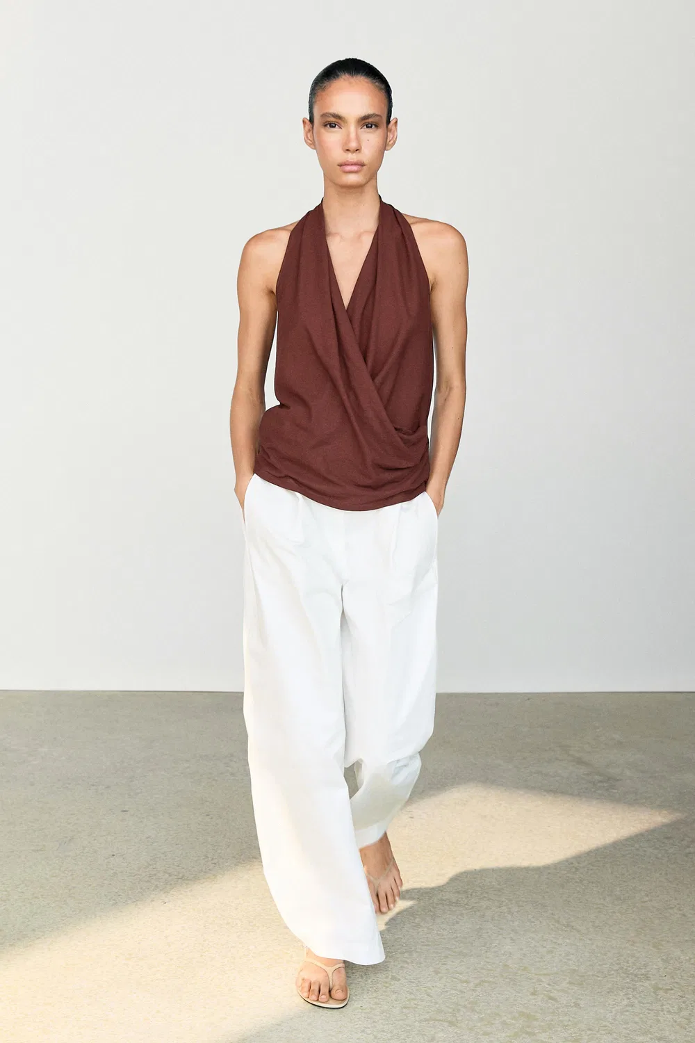 Топ Massimo Dutti 100% Cotton Draped Surplice, бордовый — фото 3