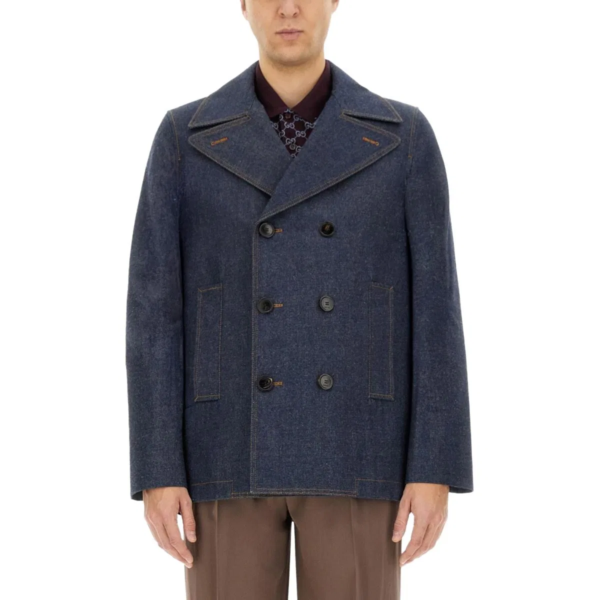 Мужское джинсовое пальто с воротником и пуговицами, GUCCI, Blue — фото 3
