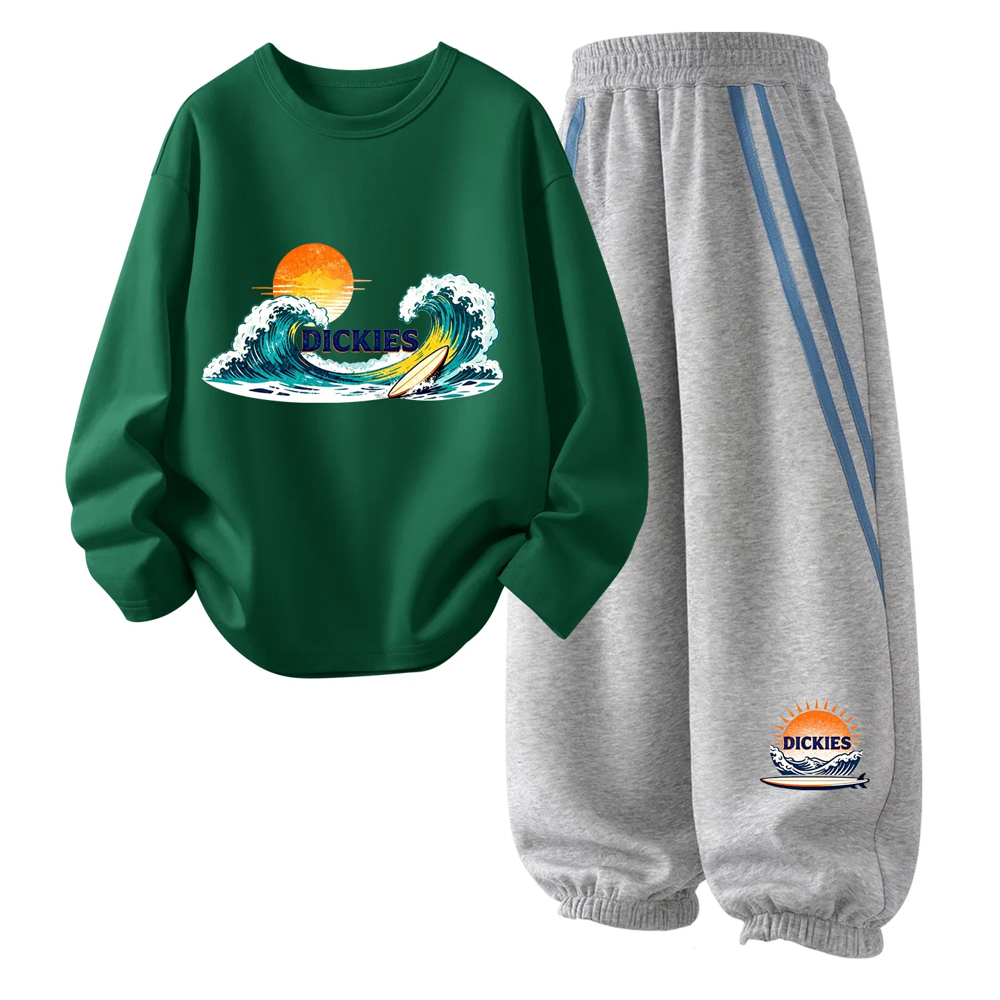 Детский комплект из футера с принтом Dickies, Surfing Retro Green+Surfing Day K_Right Side Bottom Light Heather Gray