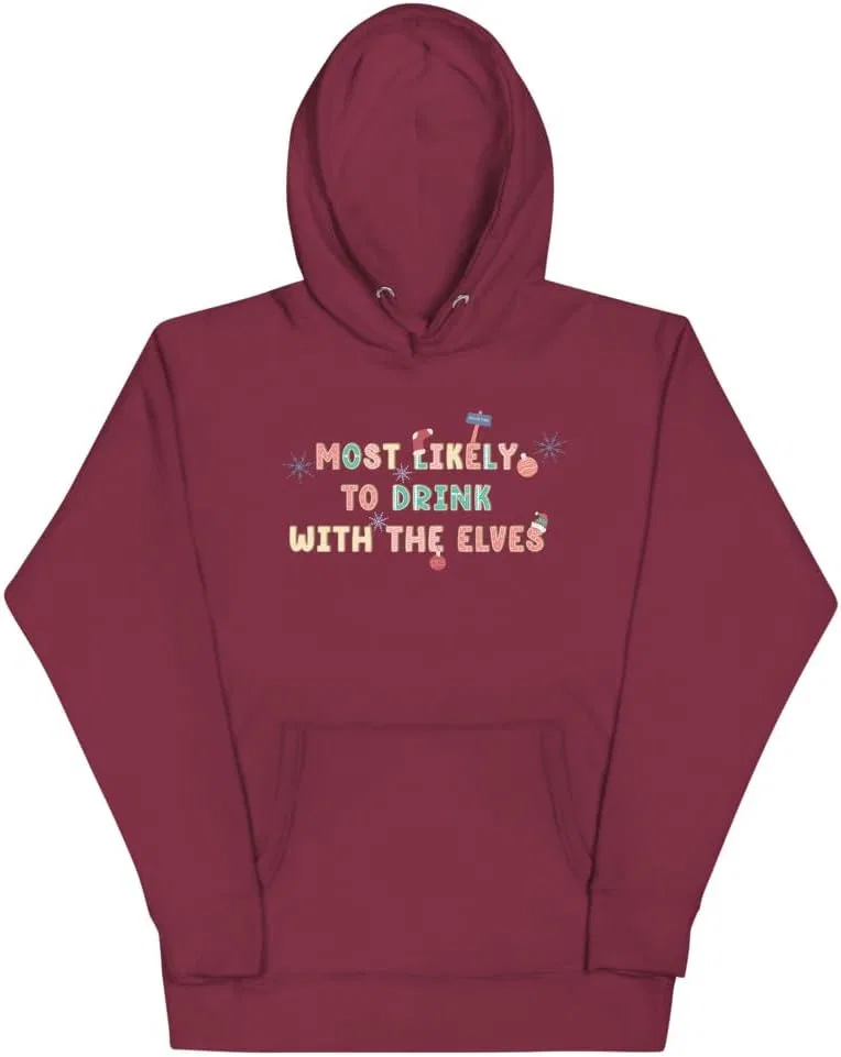 Унисекс худи с принтом Most Likely To Drink with The Elves M2580, Maroon