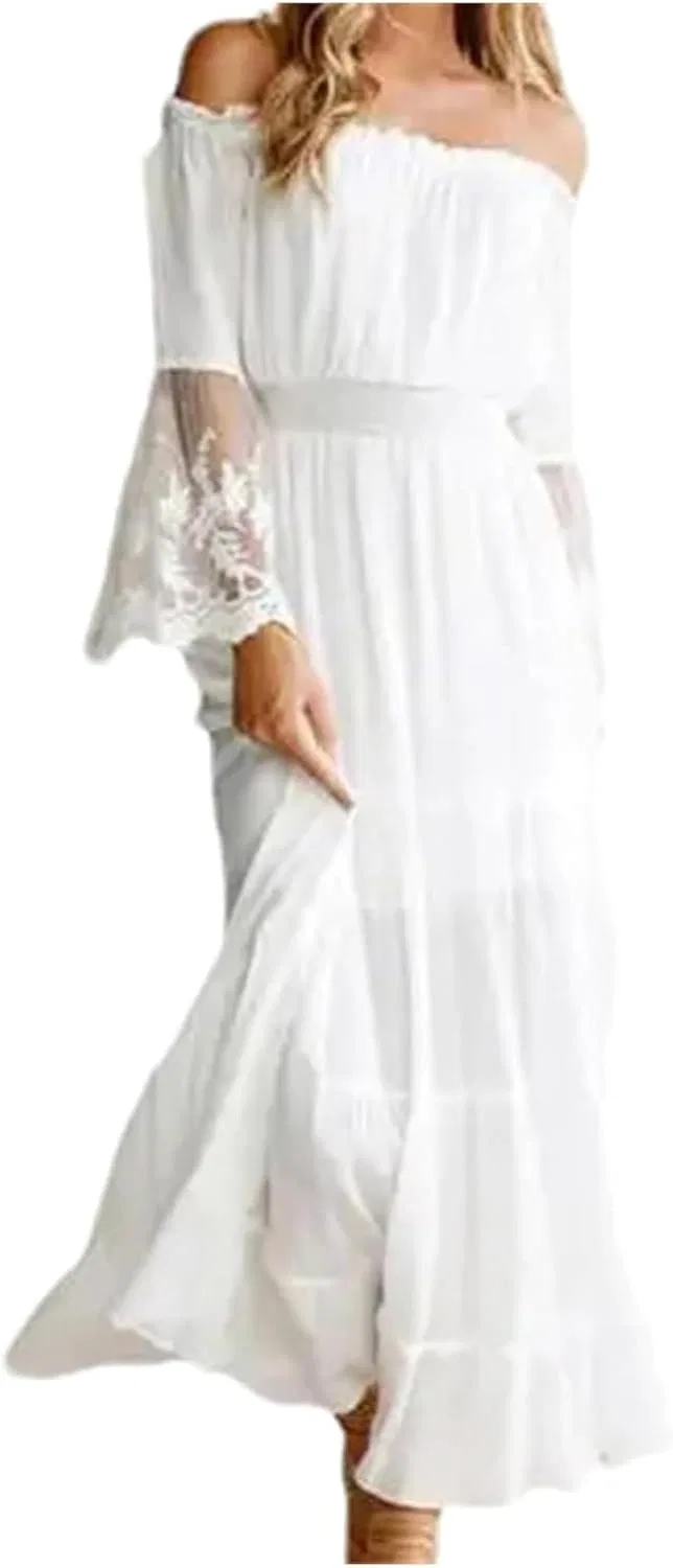 Женское платье макси с кружевом крючком Off-Shoulder с расклешенными рукавами Generic, White