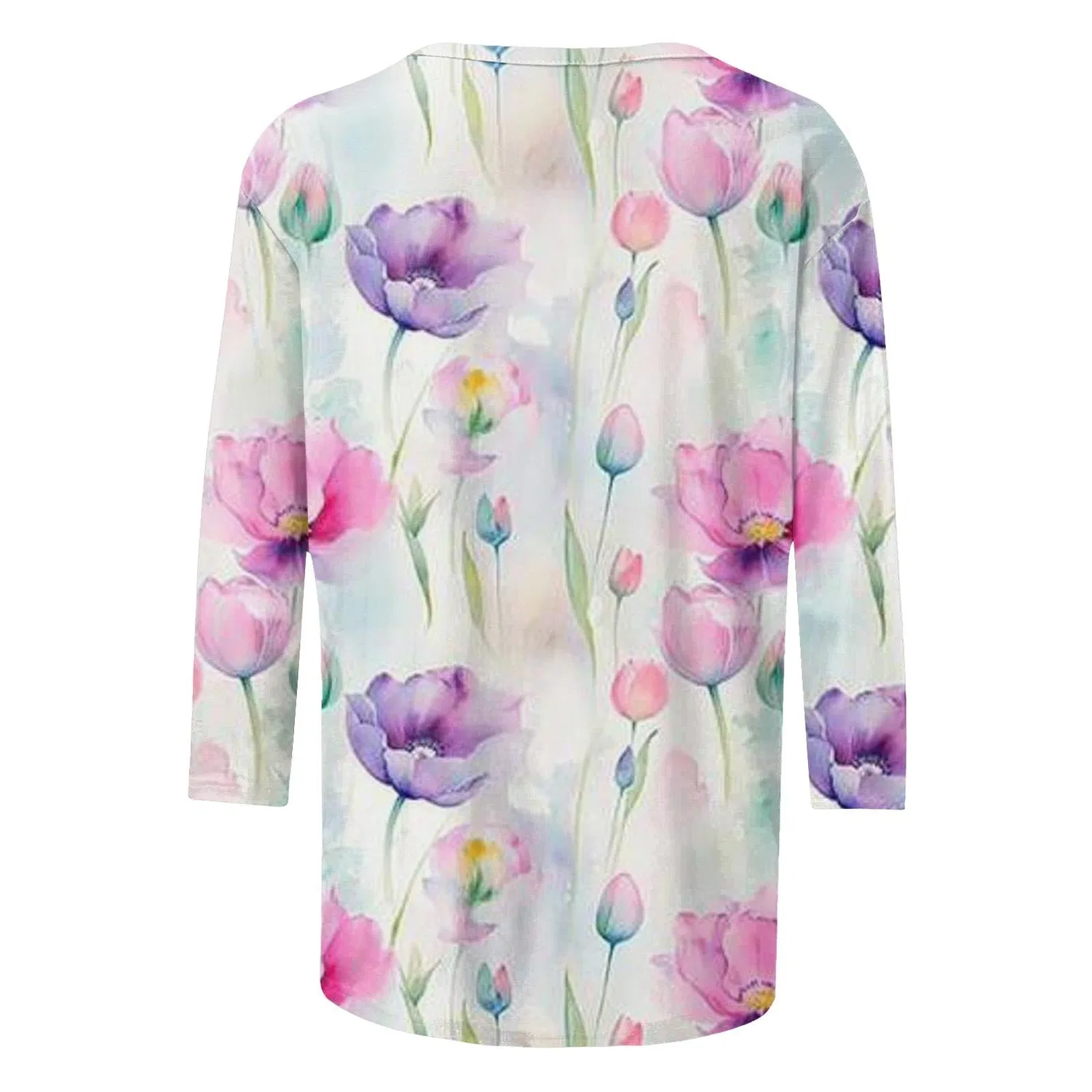 Женская блузка с цветочным принтом Floral Print Round Neck Long Sleeve Lace Top, Pink-6 — фото 4