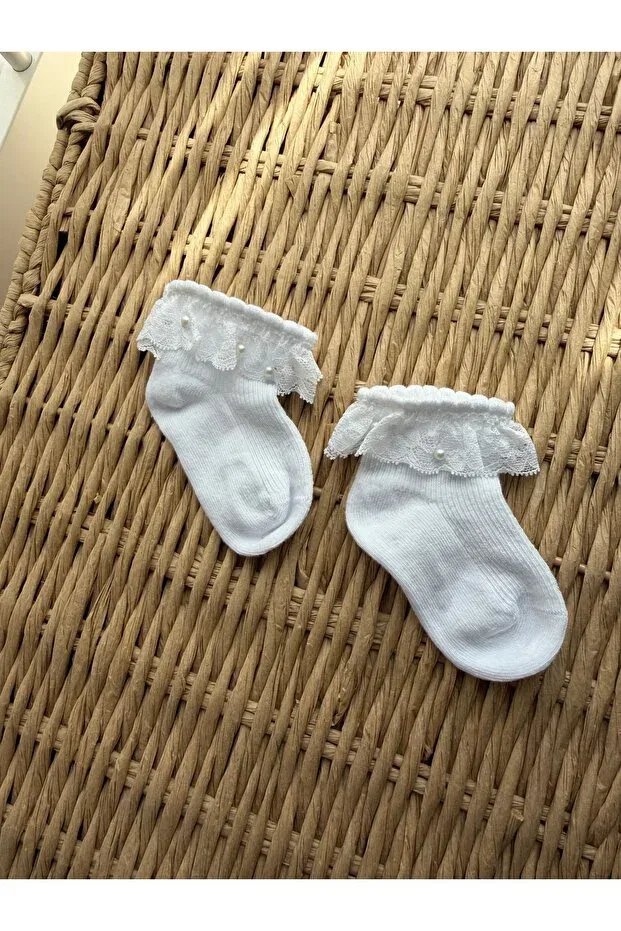 Детские носки для девочек с кружевом Lace detailed pearl baby girl socks Myluni, Белый