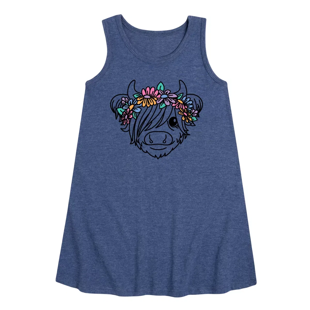 Детское платье-трапеция для девочек без рукавов Highland Cow Flower Crown Instant Message, Heather Navy