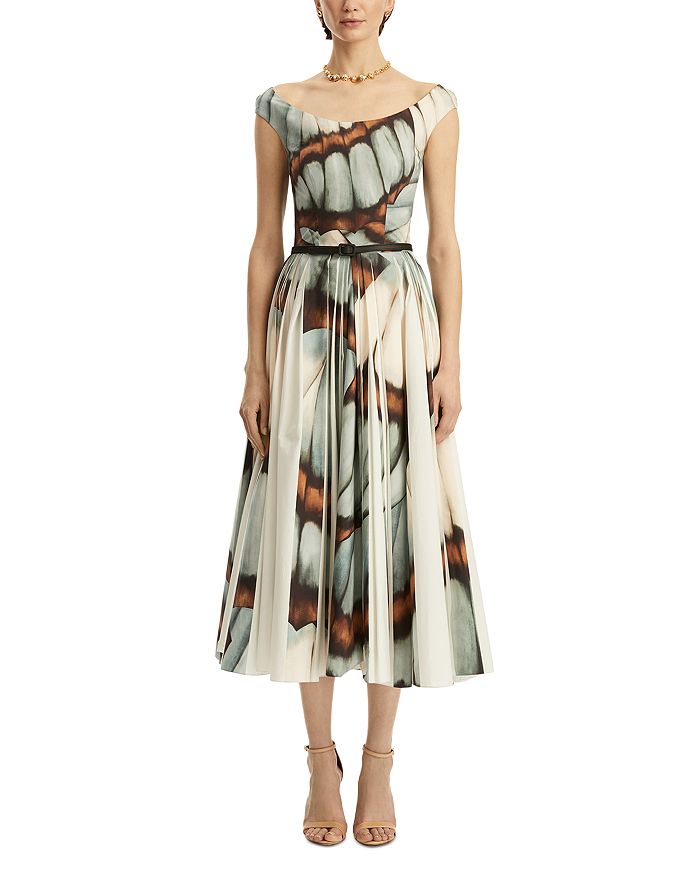 

Платье с круглым вырезом и плиссировкой Butterfly из поплина Oscar de la Renta, синий