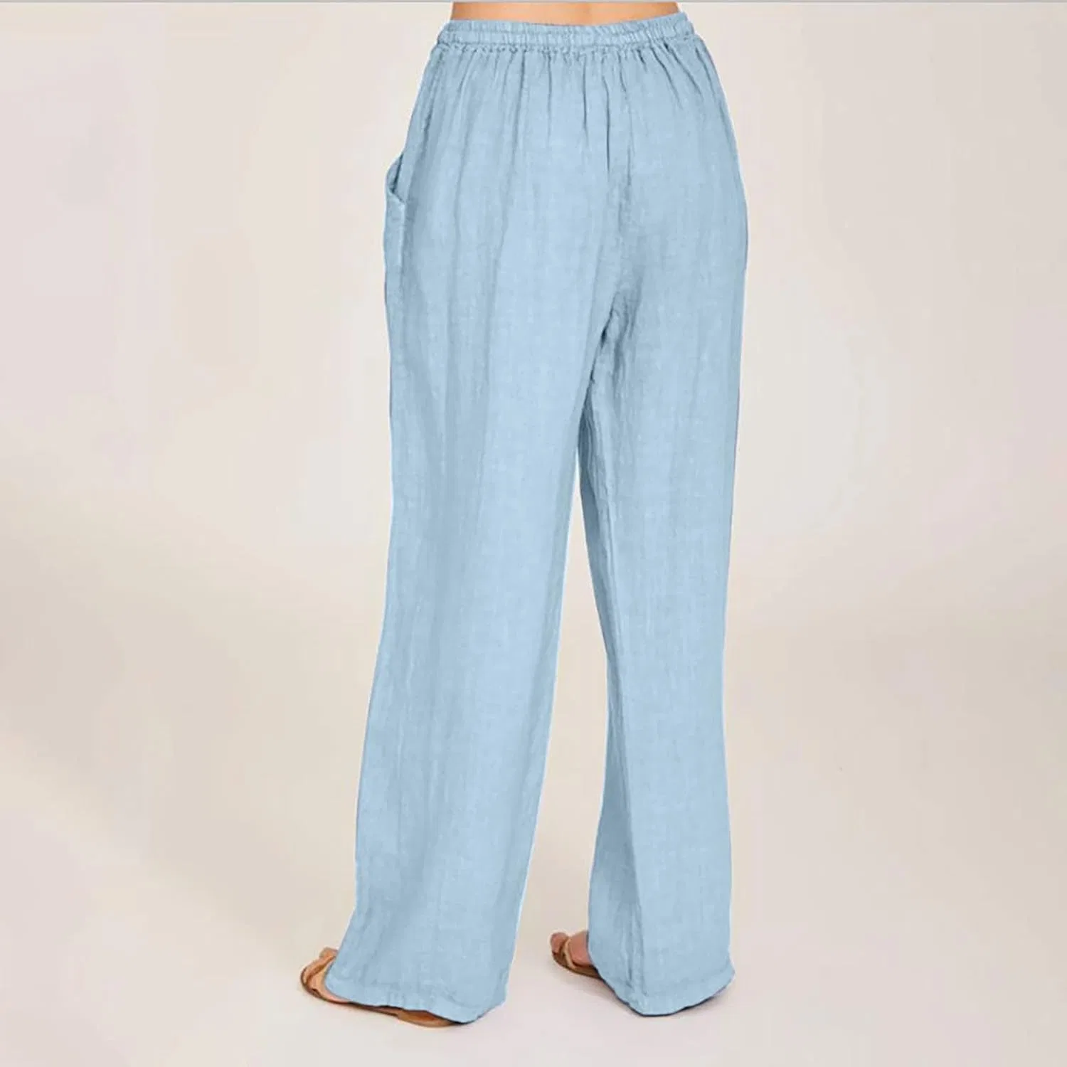 Женские широкие брюки палаццо из хлопка и льна, Plus Size, A01_sky Blue — фото 3