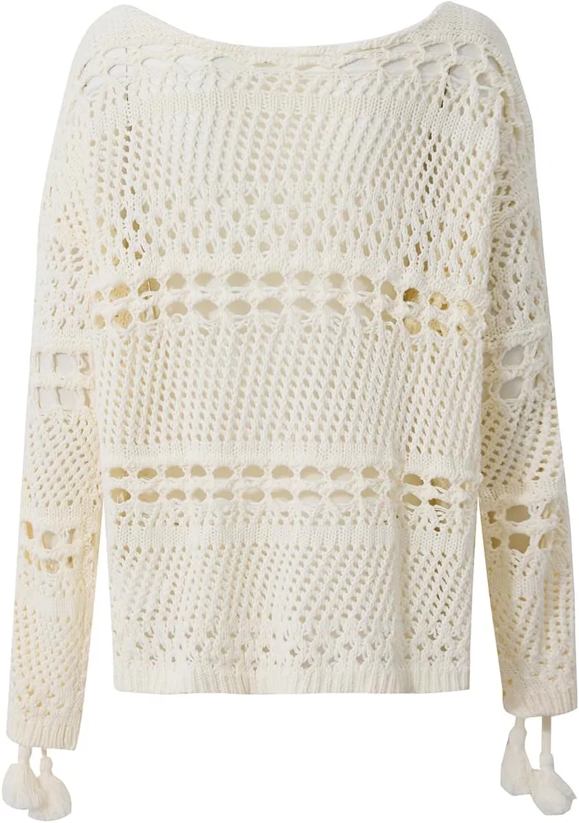 Женский ажурный пляжный кардиган с кисточками, Beige