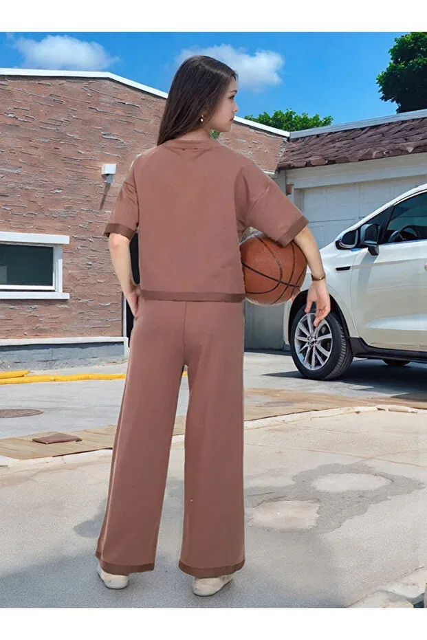 Детский спортивный комплект для девочек хлопковый свободный Oversize Soft Textured Joui Co, Brown — фото 3