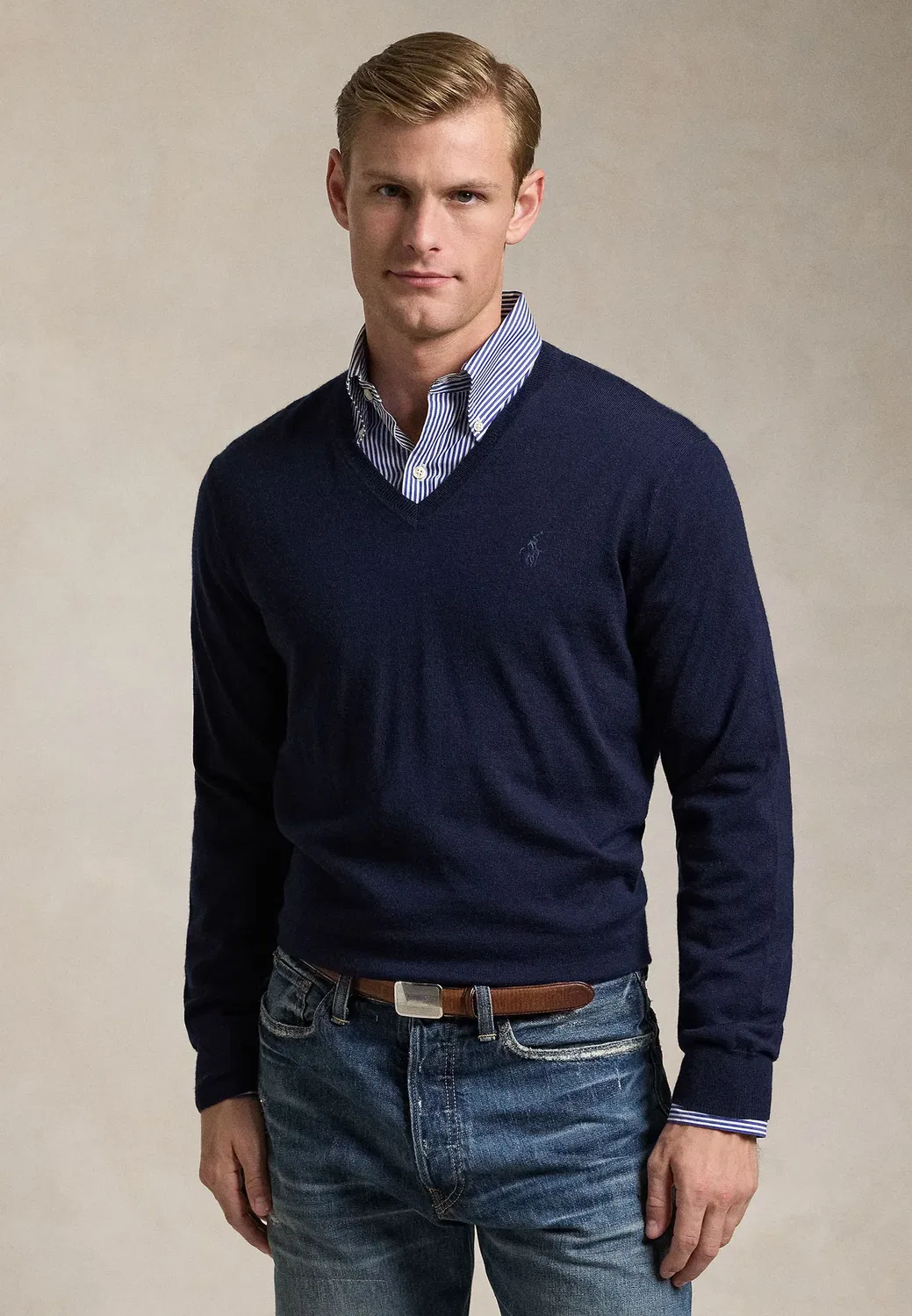 Шерстяной свитер с V-образным вырезом, который можно стирать Polo Ralph Lauren, Hunter Navy