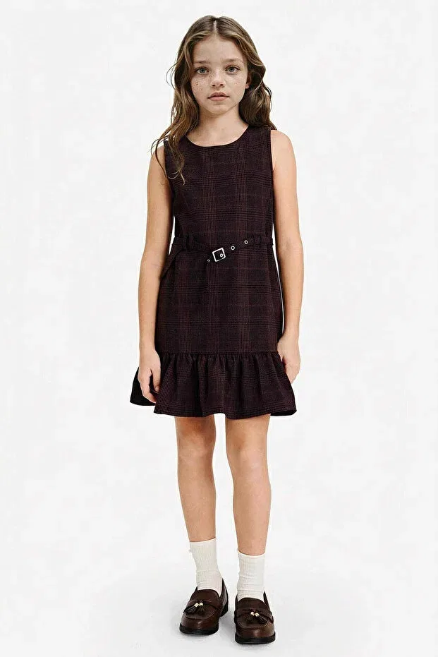 Детское платье для девочек с принтом Checked Pack Of Belt Brown Girls' Dresses G6894A8/BN130 Defacto, Coffee-Bn130 — фото 2