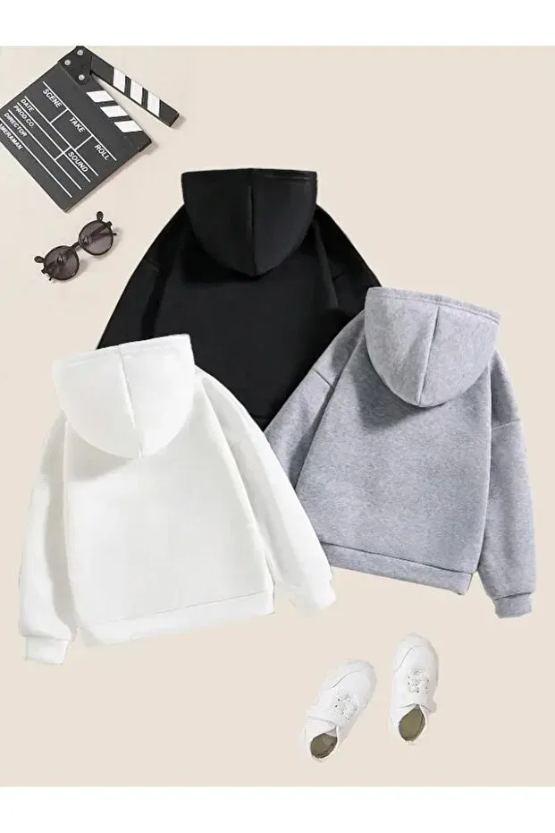 Детские свитшоты с капюшоном с принтом 3-шт комплект Morning Kids, Black-White-Gray — фото 2