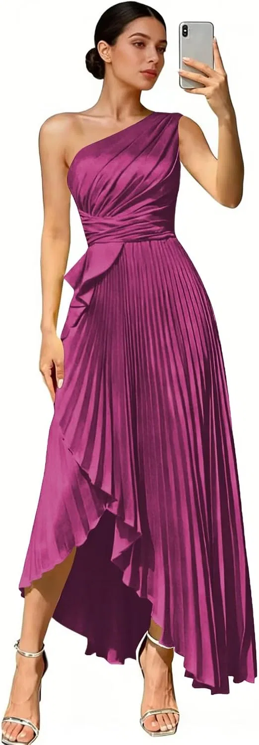 Женское атласное платье с одним плечом Formal Gown, Fuchsia