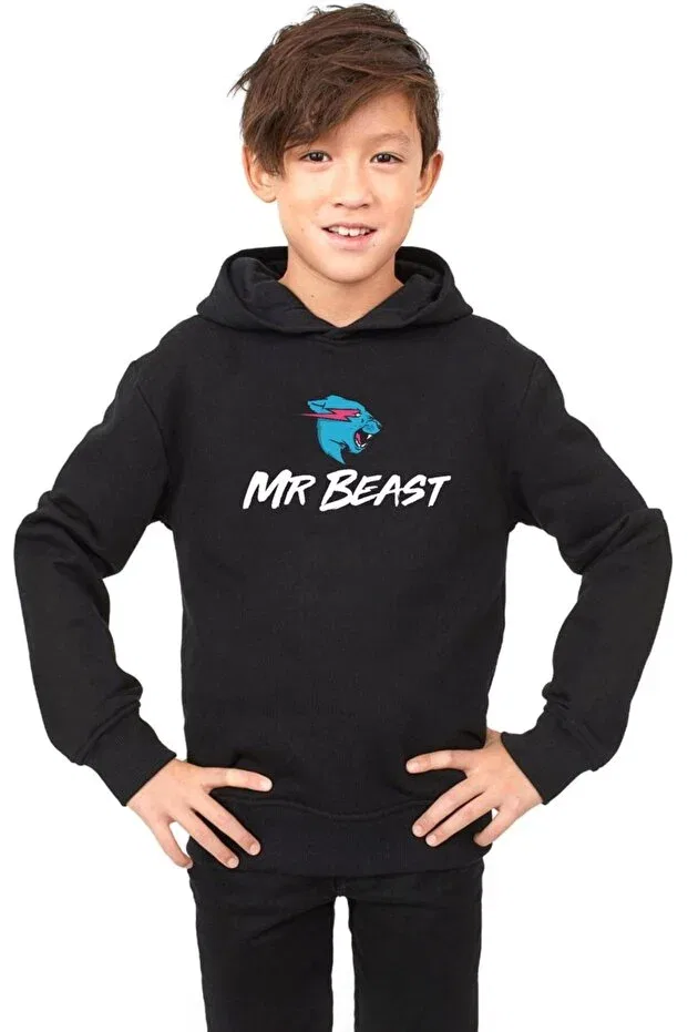 Детское худи для девочек с принтом Mr Beast Black Kids 3ip Hoodie Tshirthane, Black