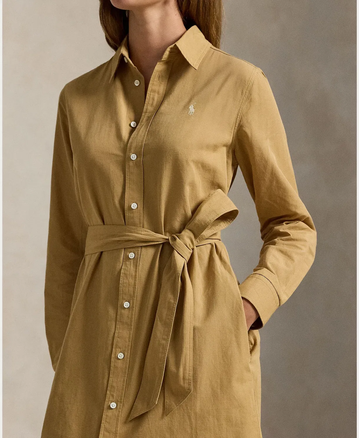 Женское платье-рубашка хлопковое с поясом Polo Ralph Lauren, Caramelo — фото 4