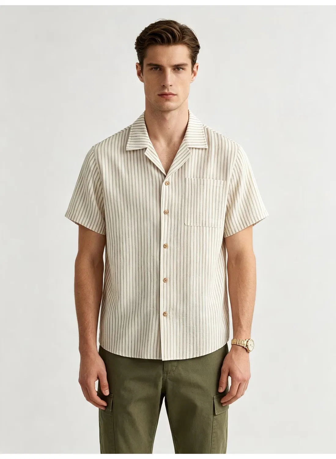 Рубашка с коротким рукавом и принтом в вертикальную полоску Camp Collar Zara, бежевый