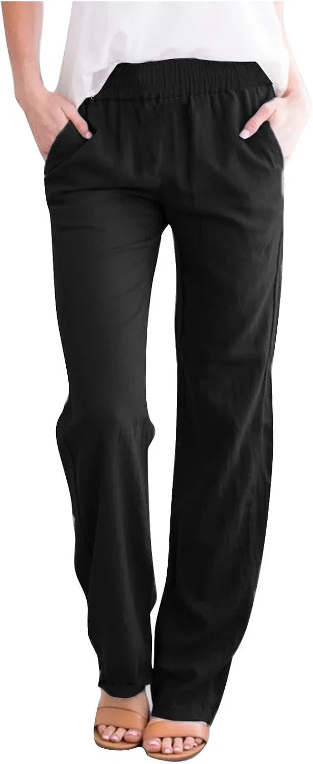 Женские широкие брюки палаццо с завязкой Cotton Linen, 2-Black