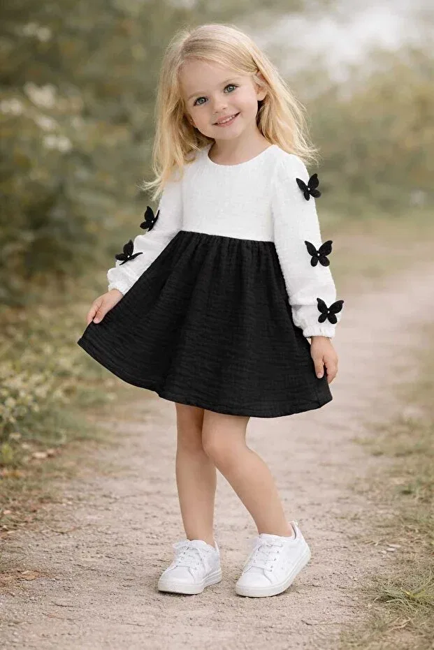 Детское платье для девочек с длинным рукавом Bebeğime Çorap, Black And White