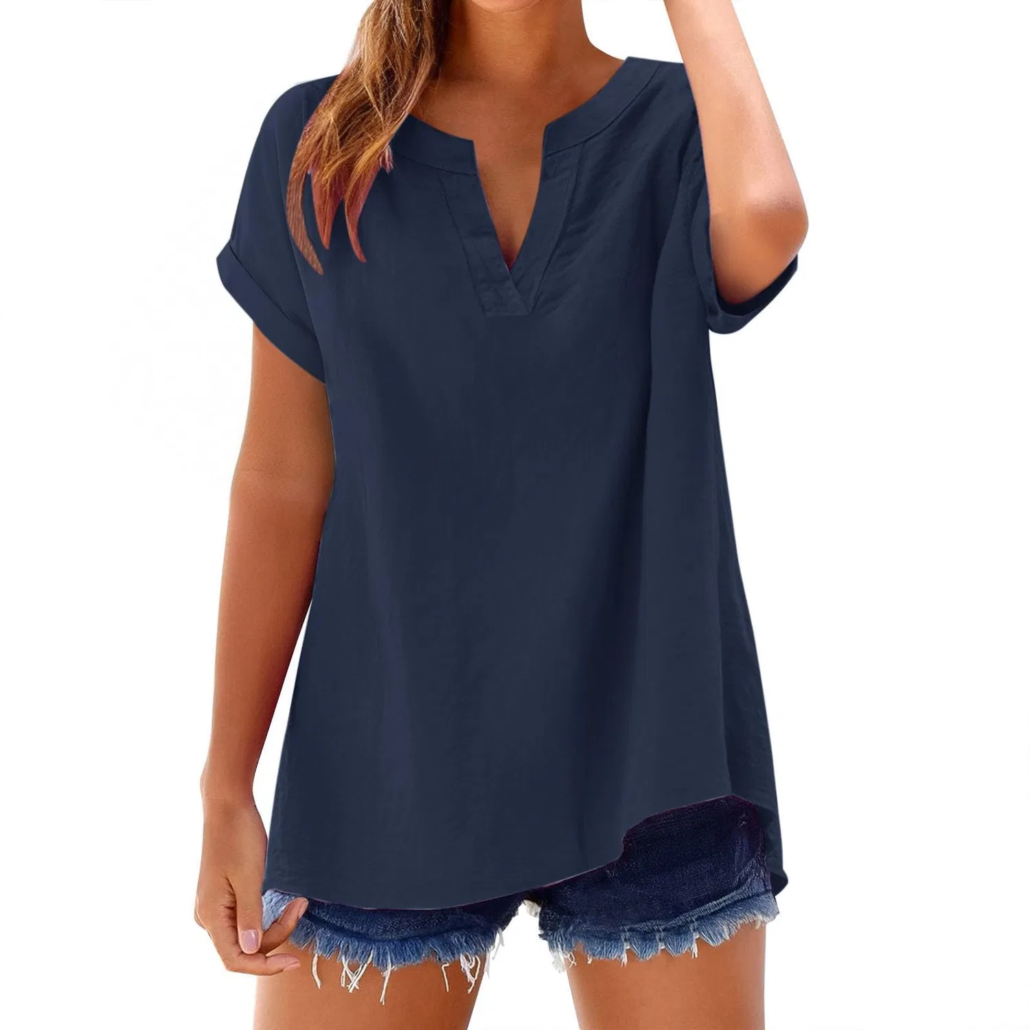 Женская льняная блуза свободного кроя с коротким рукавом, Navy Blue — фото 4