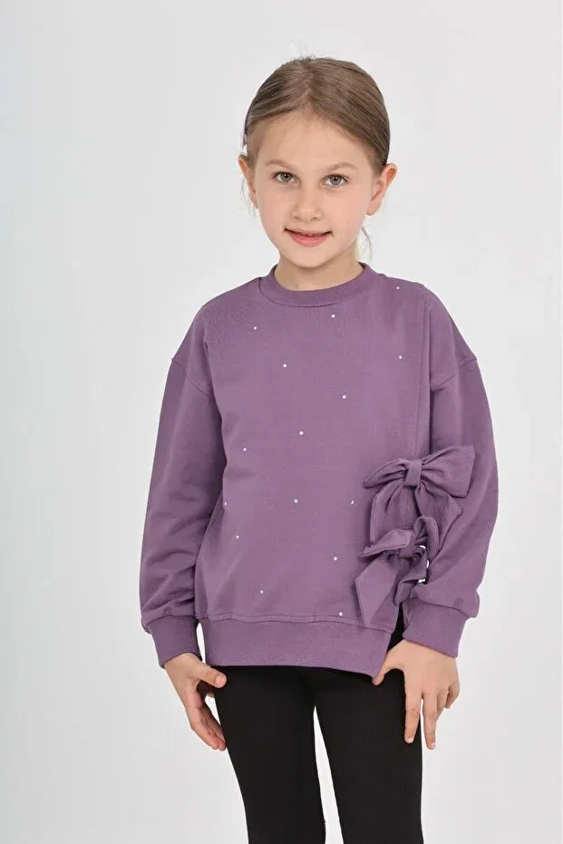Детские свитшот для девочек с принтом Girl's Stoned Bow Sweatshirt Toontoy, Purple — фото 4