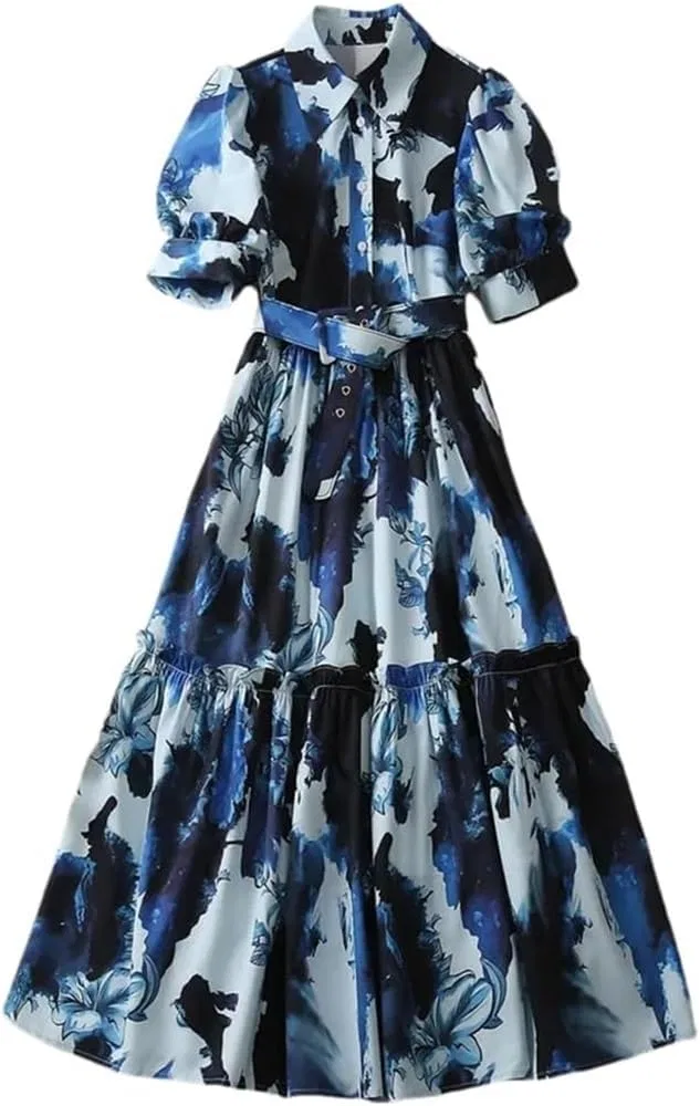 Женское платье с принтом Puff Sleeve Print Lapel Vintage Midi Casual Lace Up Slim Fit Vestido Summer Vacation Dress, синий
