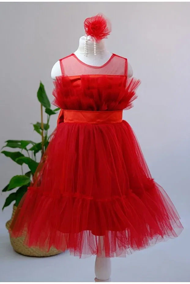 Детское платье для девочек из фатина Young Melis Çocuk, Red — фото 4