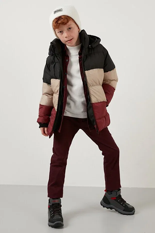 Детское зимнее пальто плюшевое с капюшоном Lela, Black-Stone-Burgundy — фото 2