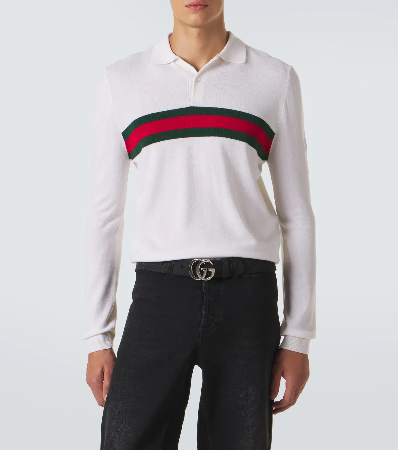 Кашемировая рубашка-поло с узором Web Stripe GUCCI, белый — фото 3