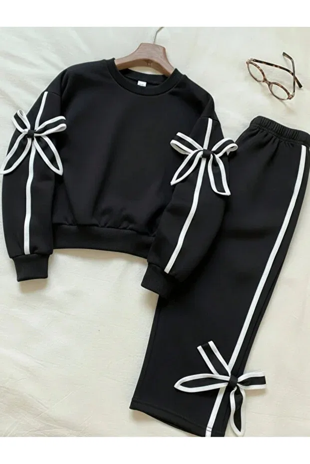 Детский комплект спортивного костюма для девочек с бантом Happy bebbee Mtl, White Black