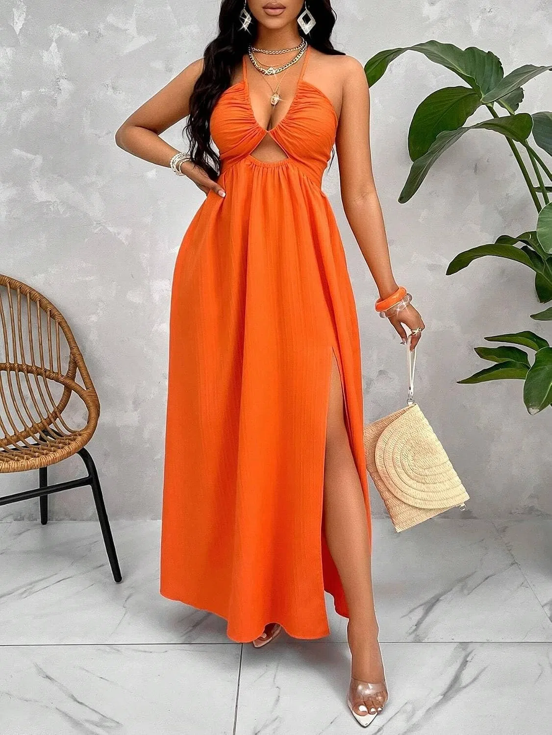 Женское повседневное платье с разрезом на бедре, Burnt Orange — фото 4