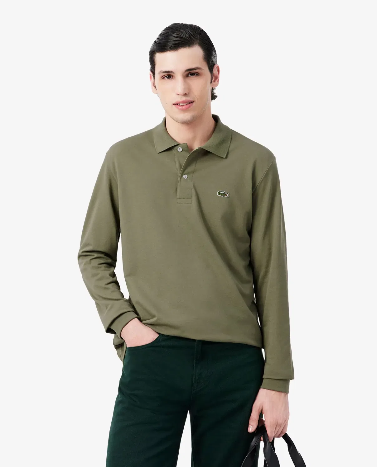 Поло мужское Lacoste L.12.12 светлый с длинным рукавом, из органического хлопка, Verde Militar