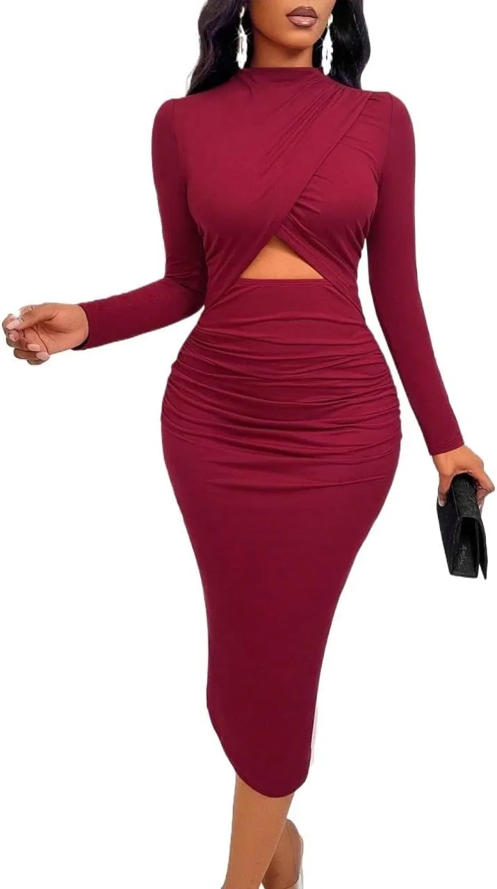 Женское макси-платье с рукавами Bodycon Burgundy