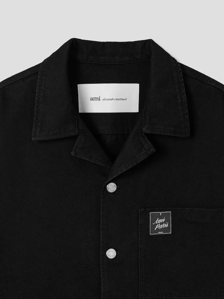 Рубашка с коротким рукавом и отложным воротником, Black Denim AMI PARIS, Black — фото 3