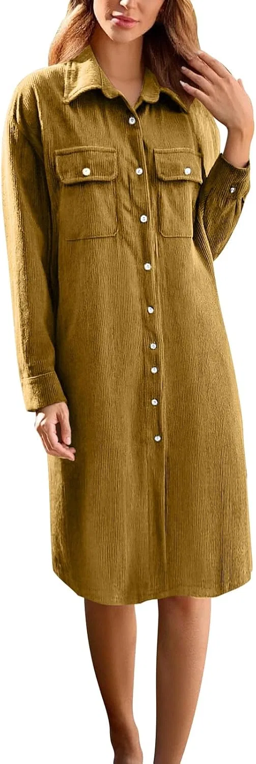 Женское платье-рубашка из вельвета с воротником Corduroy Long Sleeve Maxi Dress, Orange