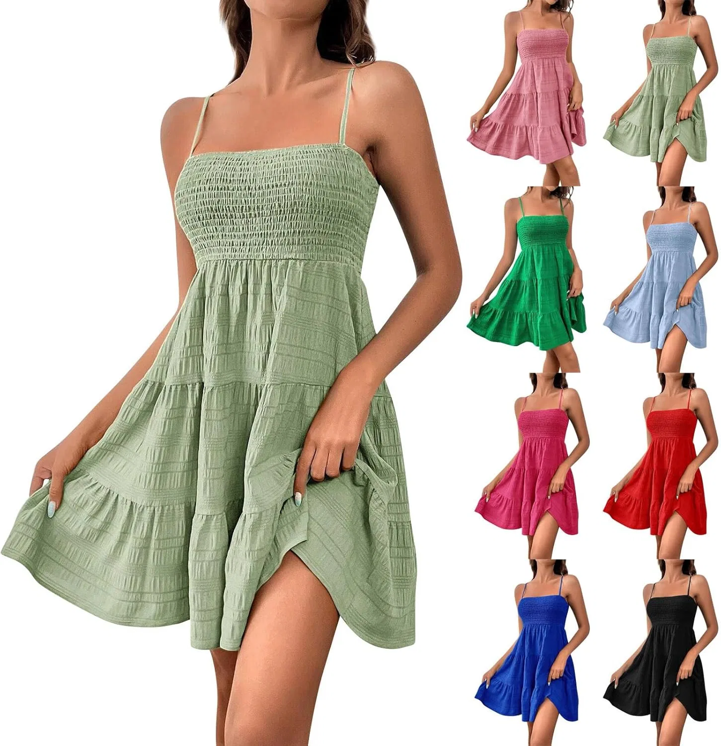 Женское мини-платье на бретелях с квадратным вырезом и воланами, Mint Green